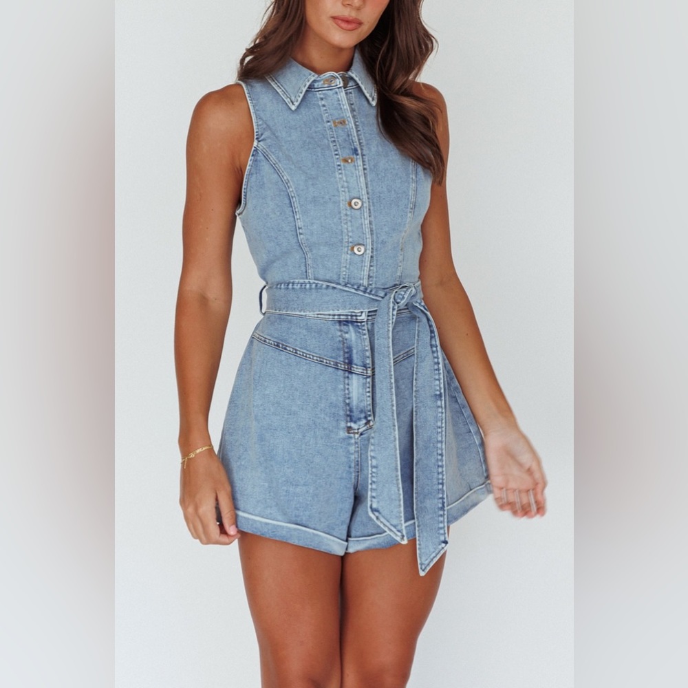 Saints and secrets button down denim romper